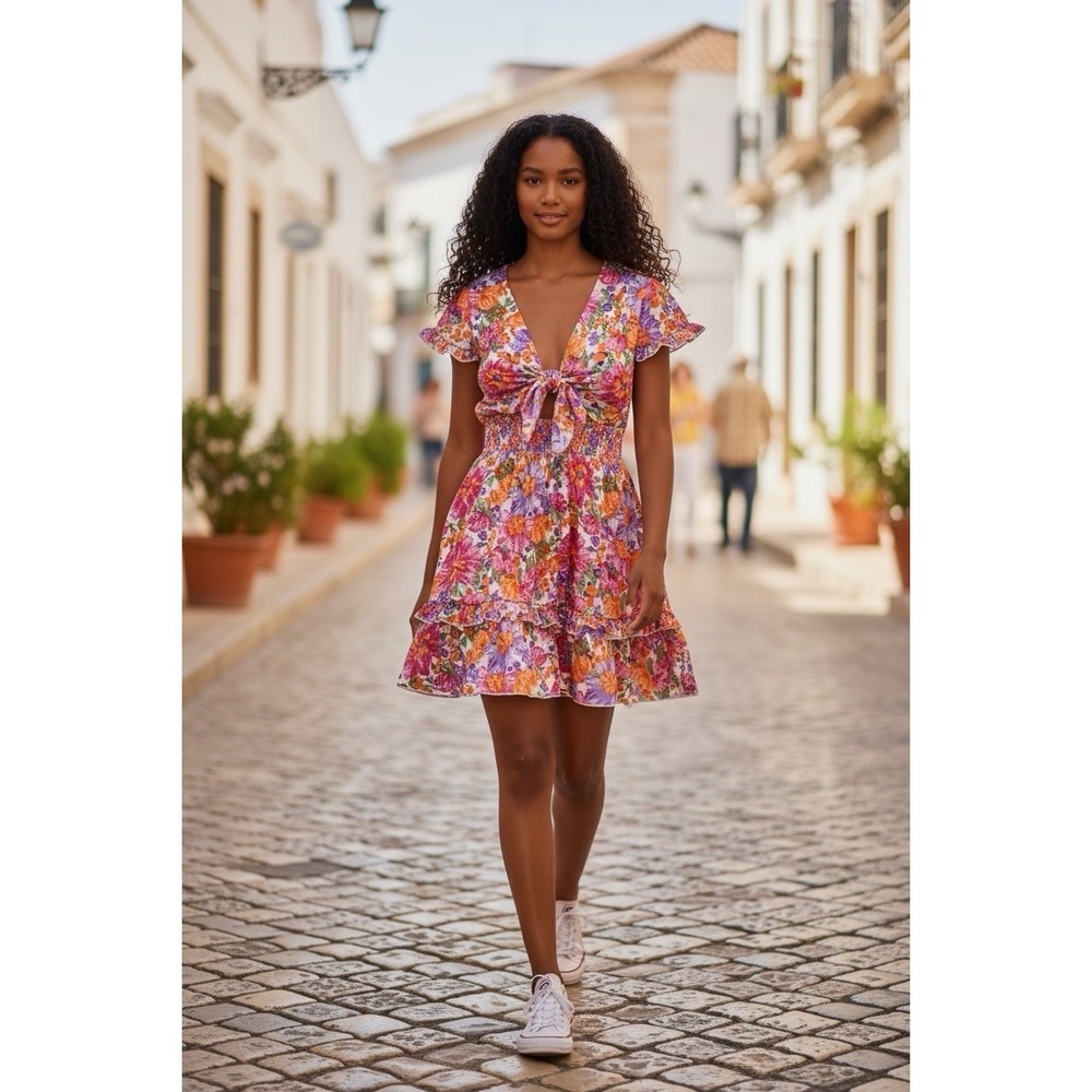 NWT Prettygarden‎ Floral Tie Front Ruffle Mini Dress Women's Size M